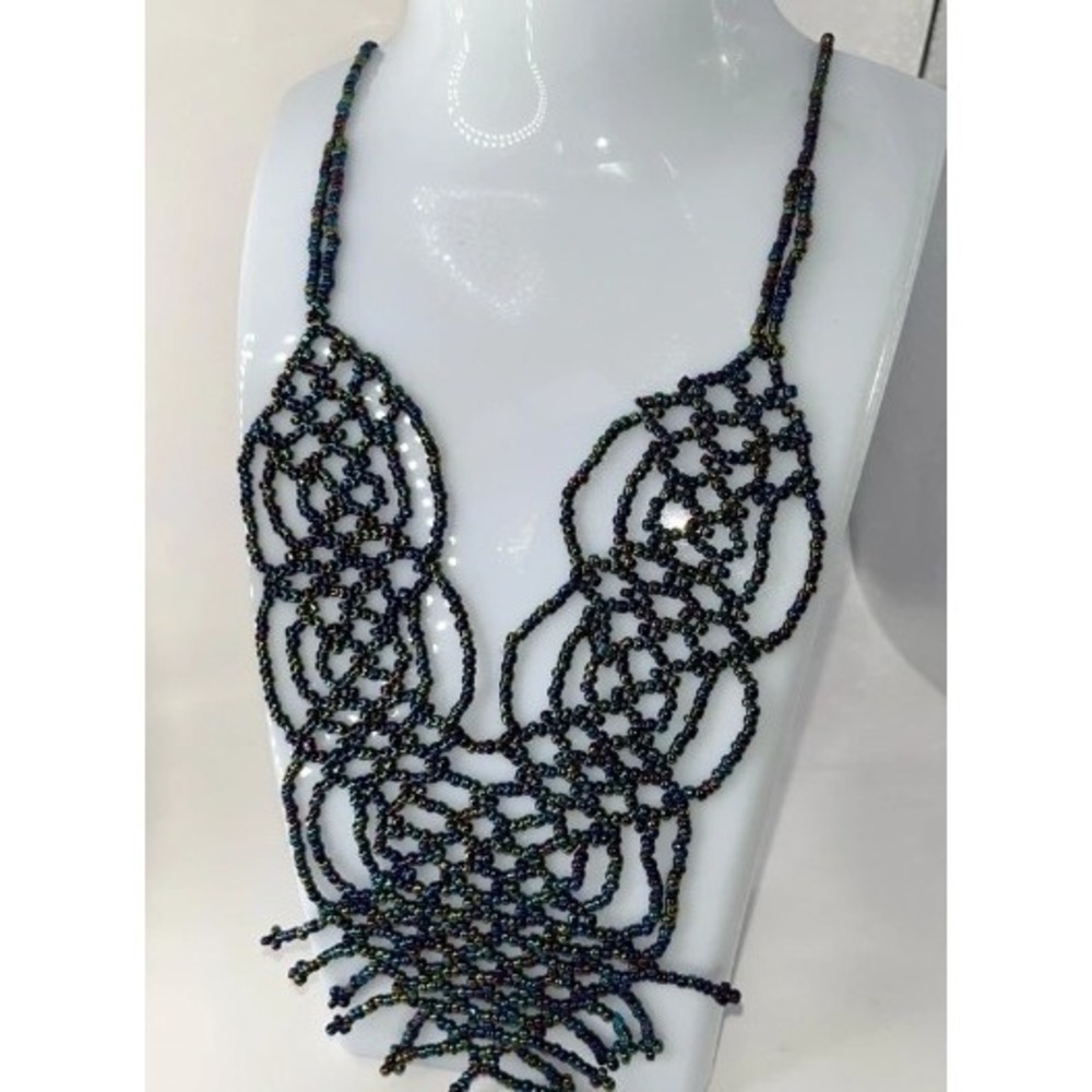 Handmade Egyptian or boho-style bib necklace peacock-colored glass seed beads